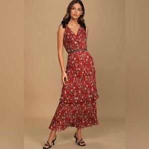Lulus Such Sophistication Red Floral Print Pleated Maxi Dress